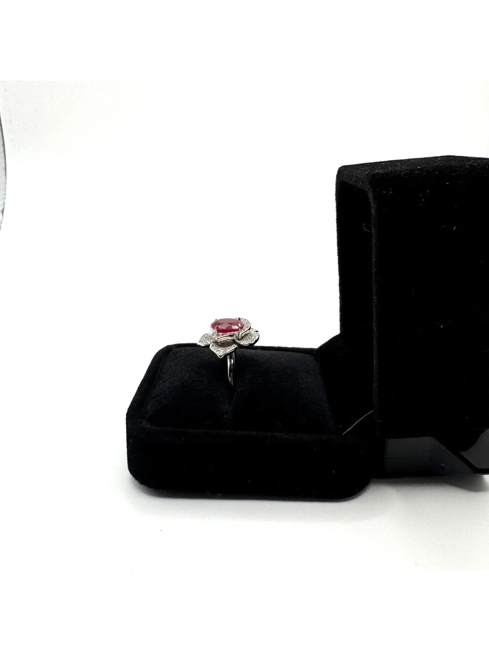 Platinum Plated Adjustable 2 ct Moissanite Pink Flower Ring Vintage Inspired